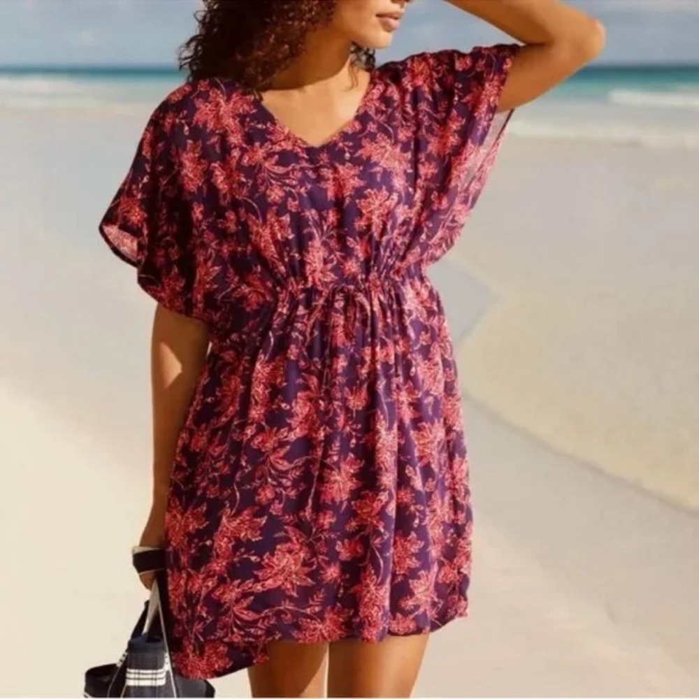 Lands End Beach Swim Coverup Small Burgundy Purple Floral Vacation Cruise Resort